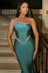 Fabulous Long Mermaid Green One Shoulder Sleeveless Prom Evening Dresses with Glitter